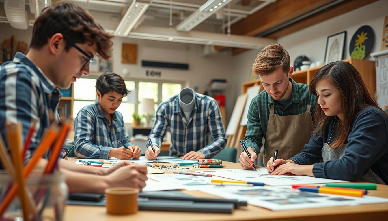 Students studying together in modern classroom
